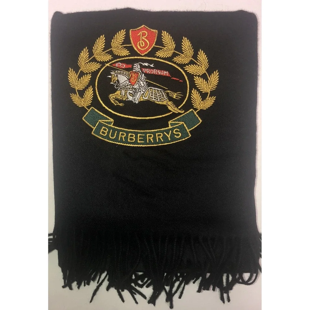 Burberry Scarf‎ Black Stole Embroidered Crest 100% Cashmere Scotland 87x27